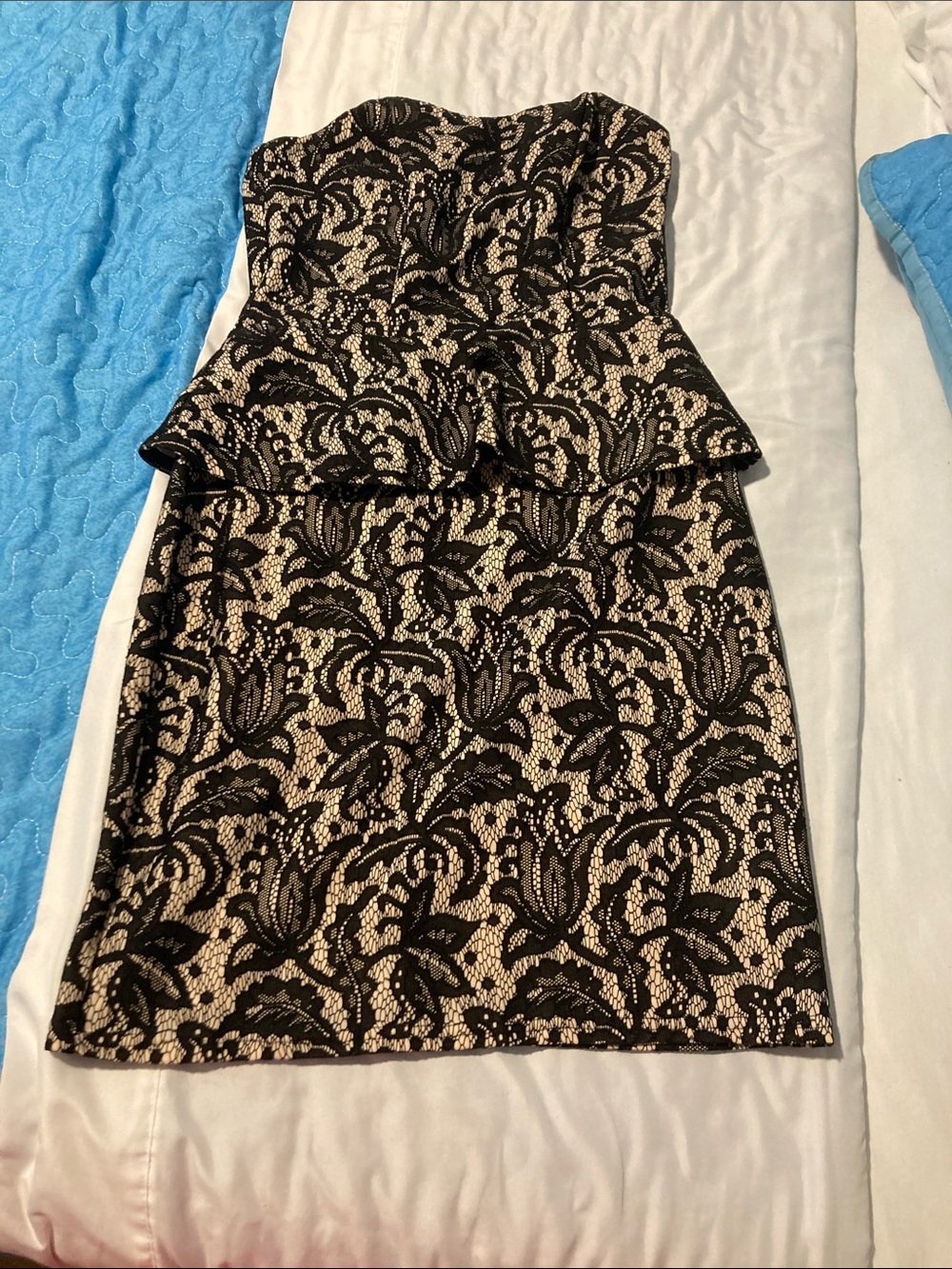 Strapless Black Lace Peplum Dress with Nude Underlay